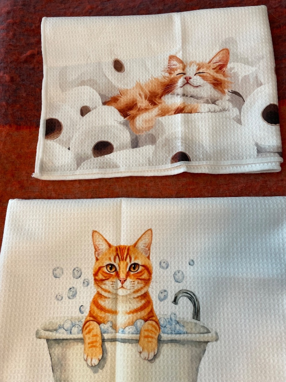 NWOT: Cute Orange Tabby Waffle Weave Hand Towels - Set of 2